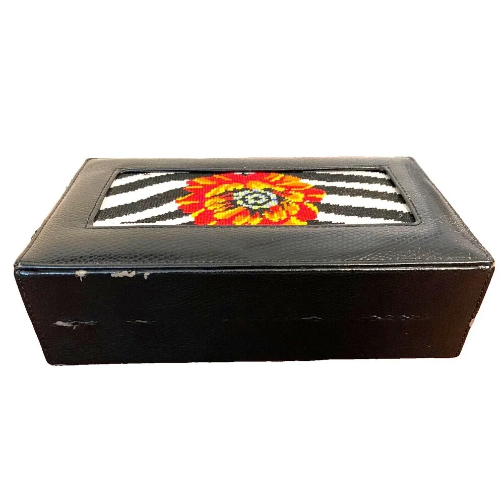 Vtg Floral Needlepoint Locking JEWELRY BOX Hand Stitched Black Zebra Small Lined